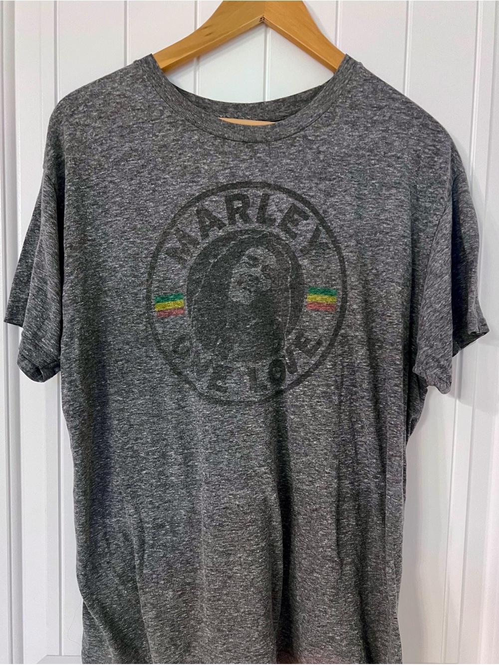 Zion Rootswear Heather Gray Graphic Tee with Red-Green-Yellow Stripe Accents